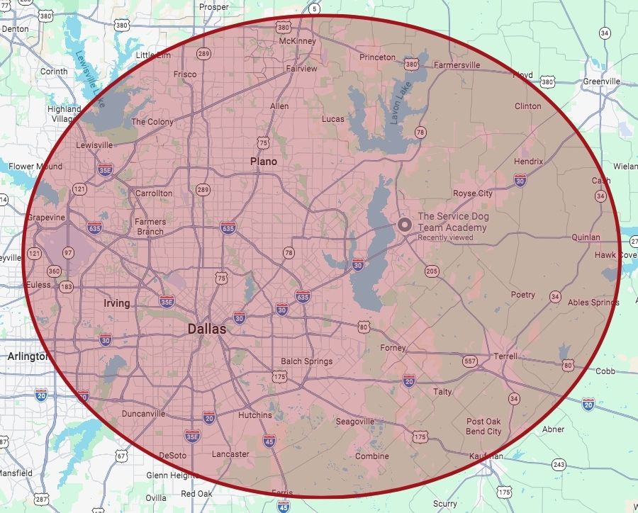 the service radius around DFW of The Service Dog Team Academy